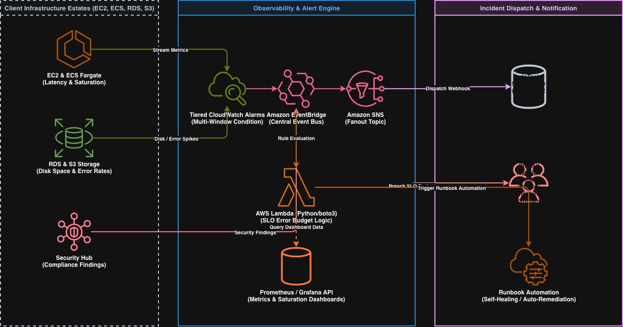 Diagram showing an observability and alerting pipeline: infrastructure sends signals to a central alarm system, which routes notifications to a dispatch layer that either notifies a person or triggers automated recovery.